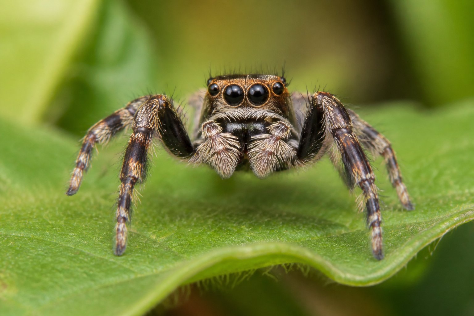 Close-up of a jumping spider on a green leaf in a natural environment.