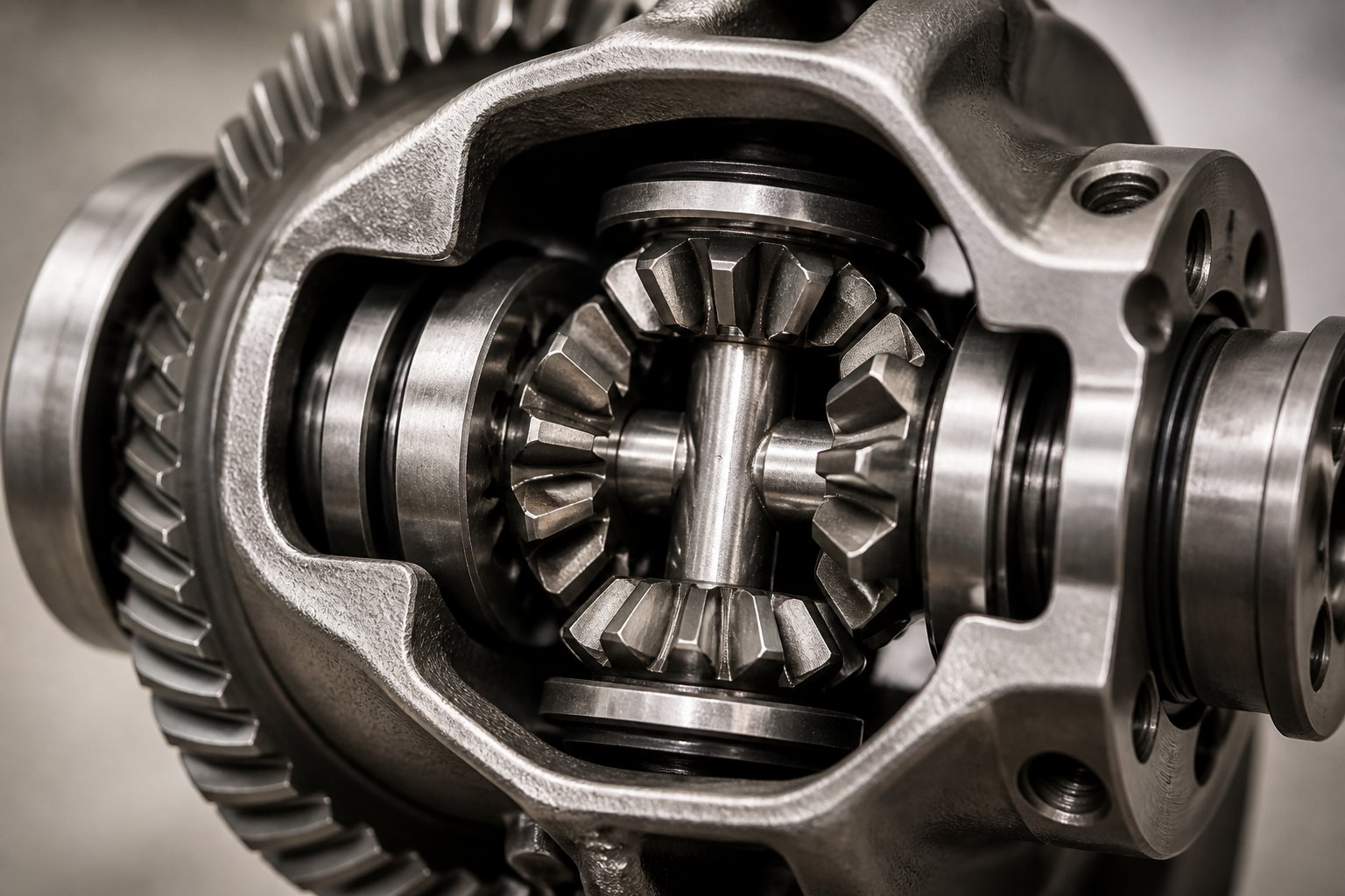 Close-up view of metallic spider gears inside a mechanical differential gear assembly.