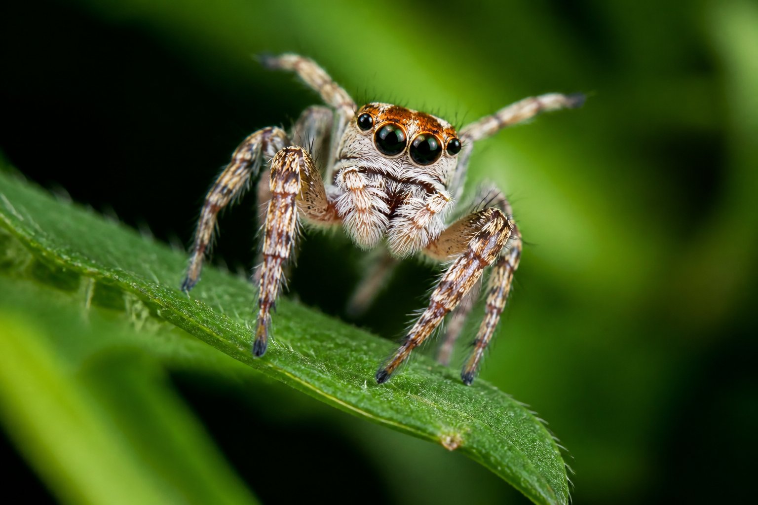 A close-up of a jumping spider on a green leaf in a natural setting.