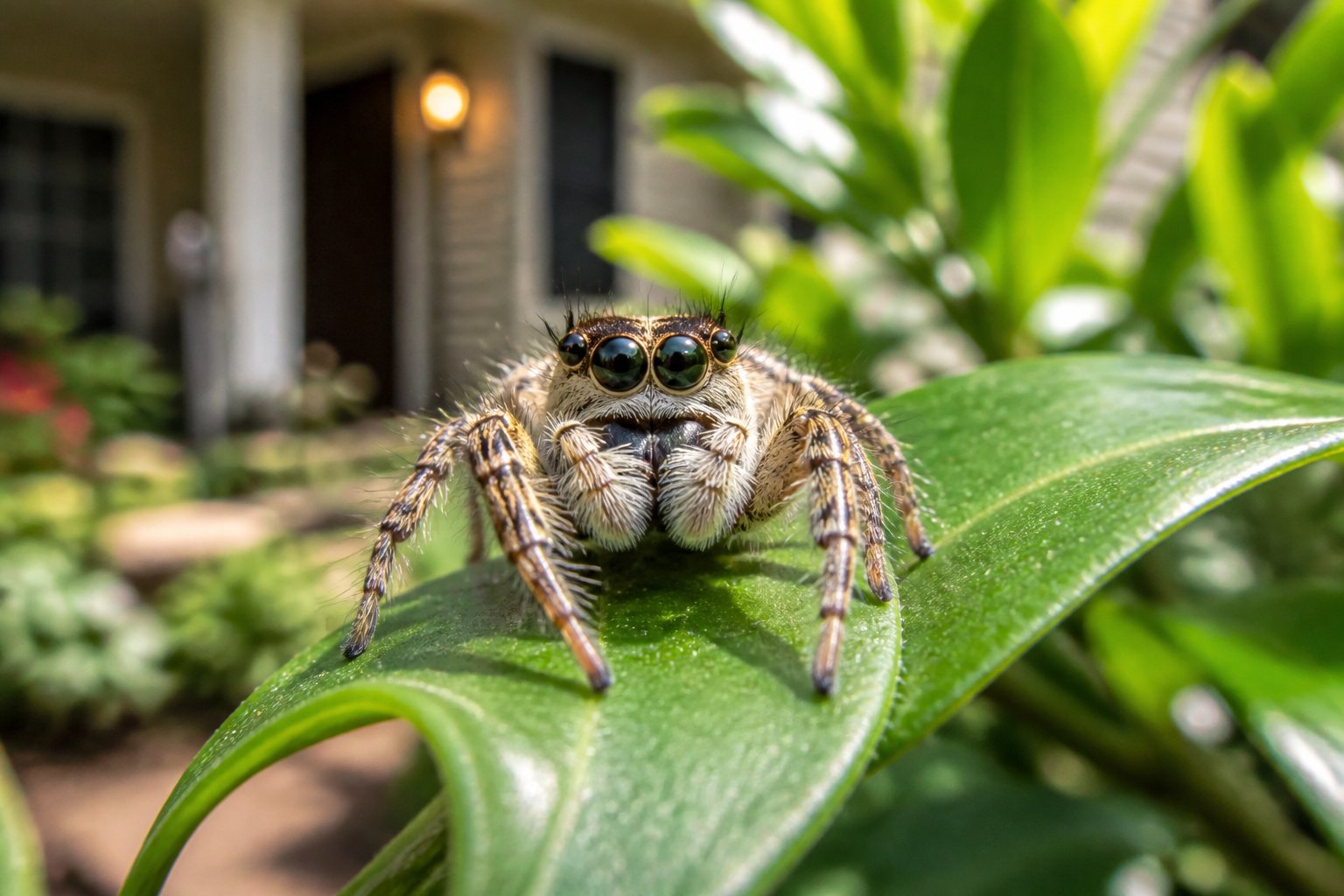 A close-up of a jumping spider on a green leaf with a blurred home garden background.