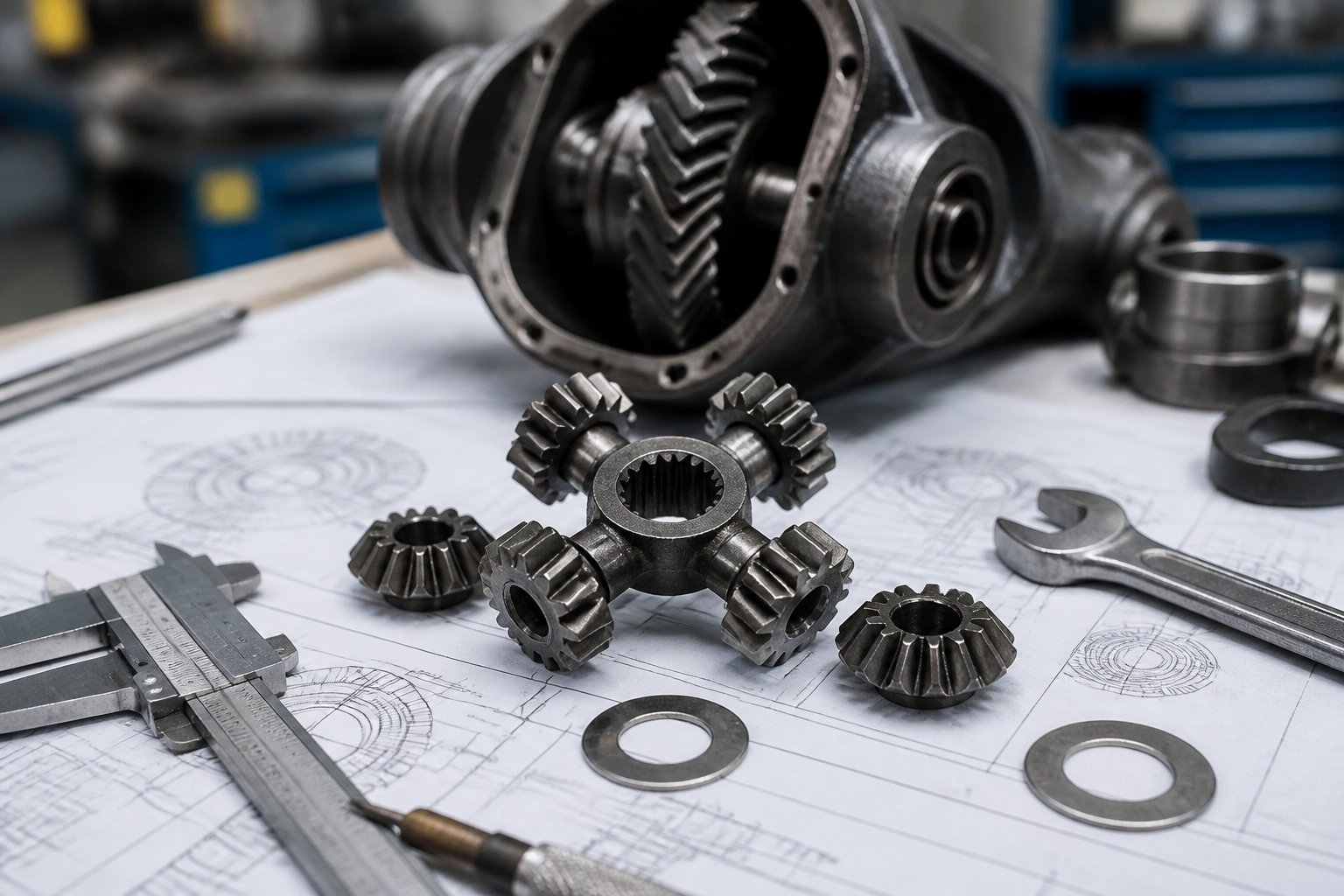 Close-up of spider gears and tools on a workbench with a blurred automotive differential in the background.