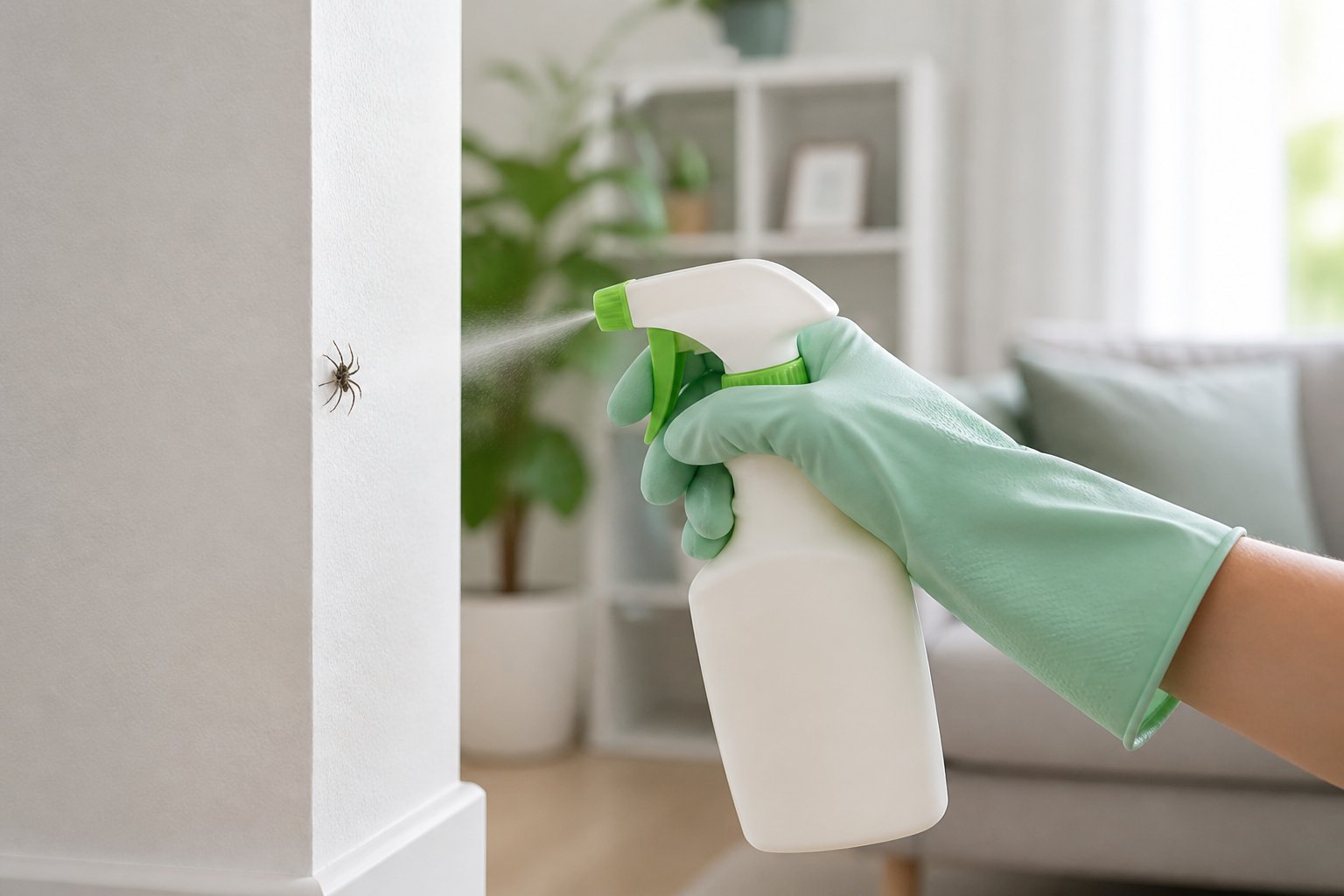 A person wearing protective gloves sprays spider repellent on a wall corner with a small spider in a bright, clean living room.