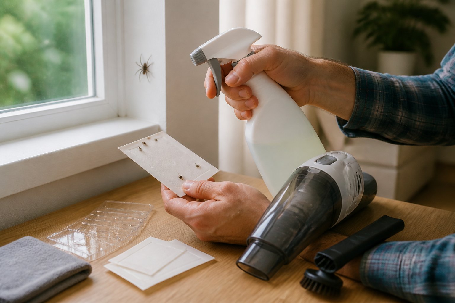 Hands selecting spider control tools near a spider on a wall corner in a bright home setting.