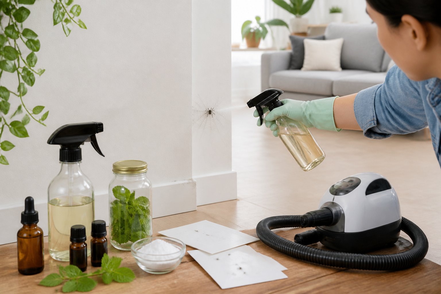 A person wearing gloves sprays a natural spider repellent near a spider web in a modern living room with various DIY spider control items on a nearby table.