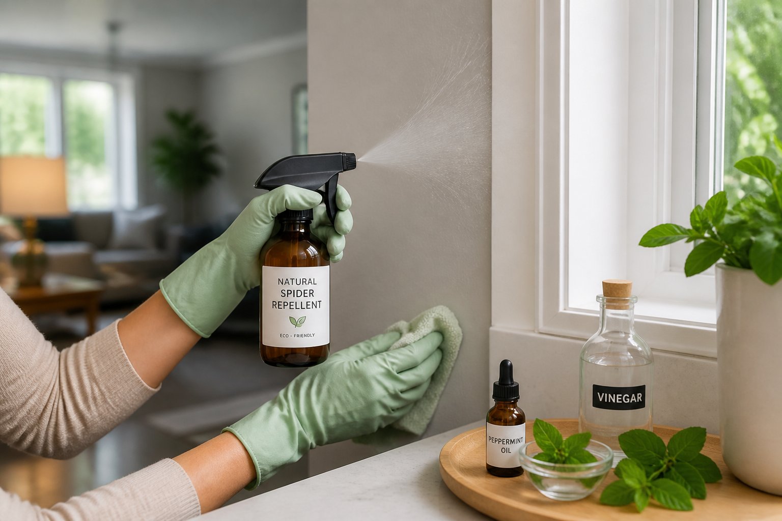 A person spraying a natural solution on a spider web in a clean home corner with plants and sunlight.