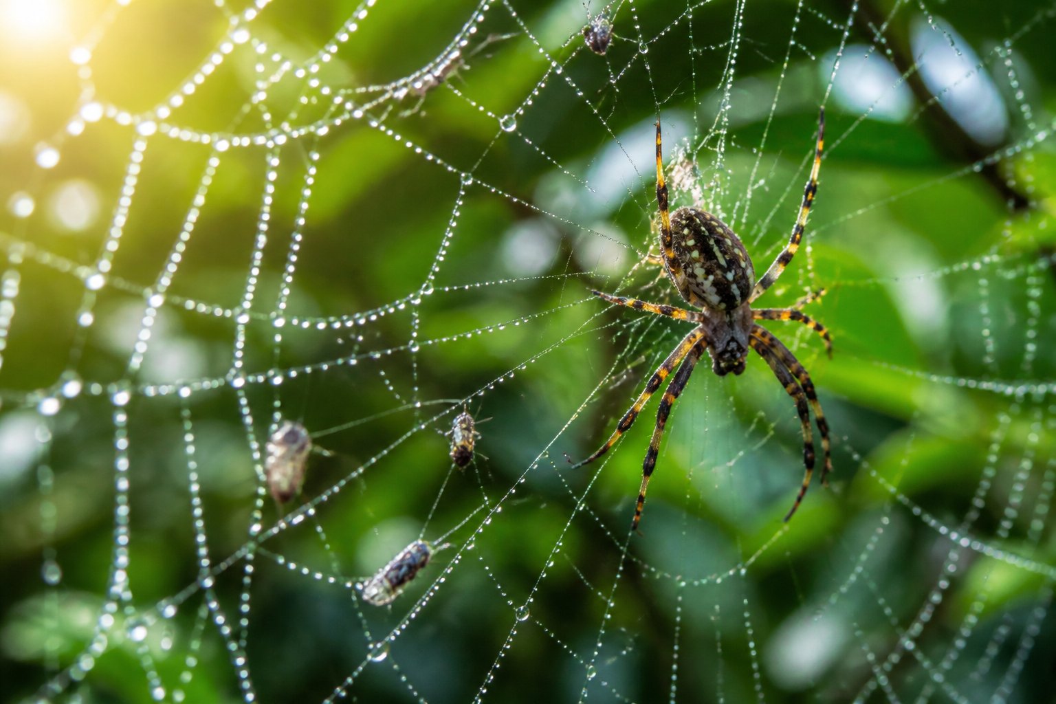 Close-up of a spider on its web in a green natural environment with small insects caught in the web.