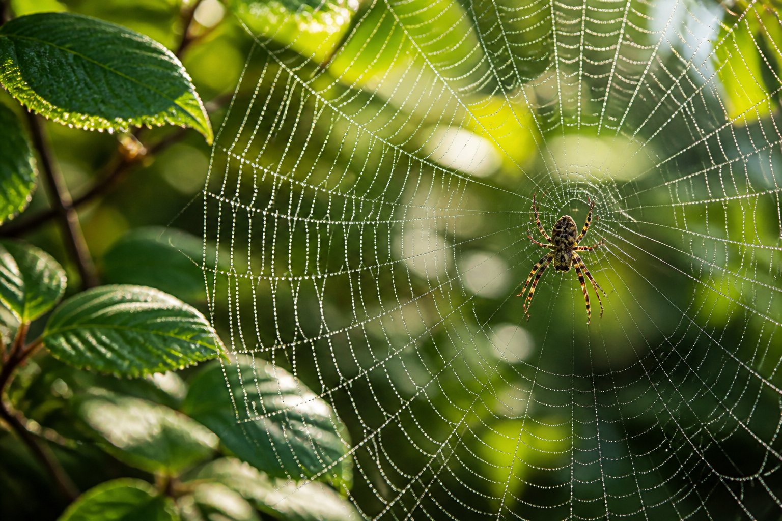 Close-up of a spider weaving a web among green leaves in a sunlit natural setting.
