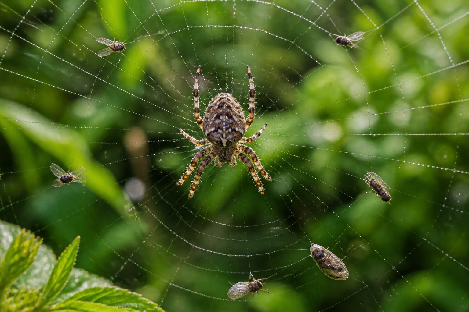 A close-up of a garden spider on its web with small insects caught, set against a green garden background.