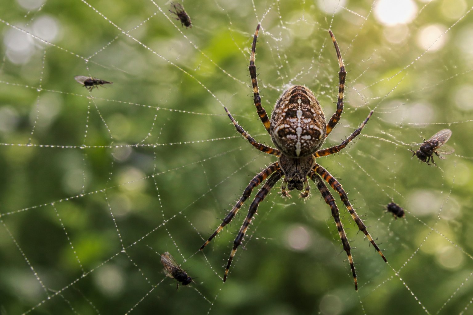 Close-up of a spider on its web with green foliage in the background and small insects nearby.