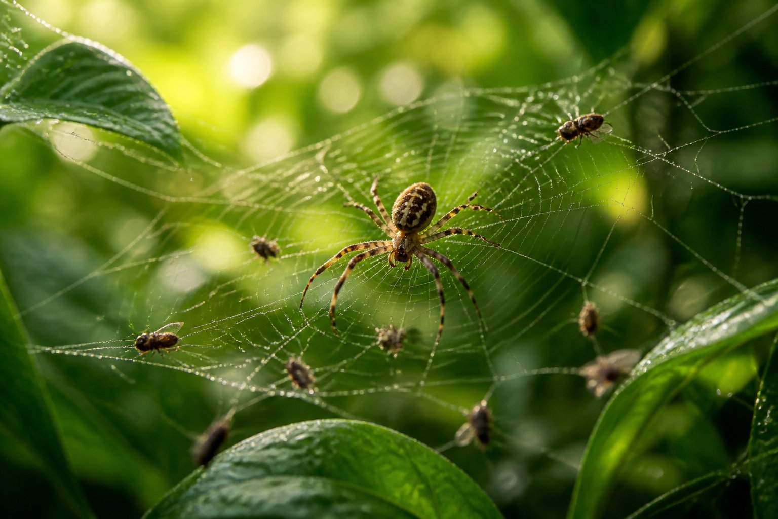 A close-up of a spider on its web with small insects caught, surrounded by green leaves in a natural setting.