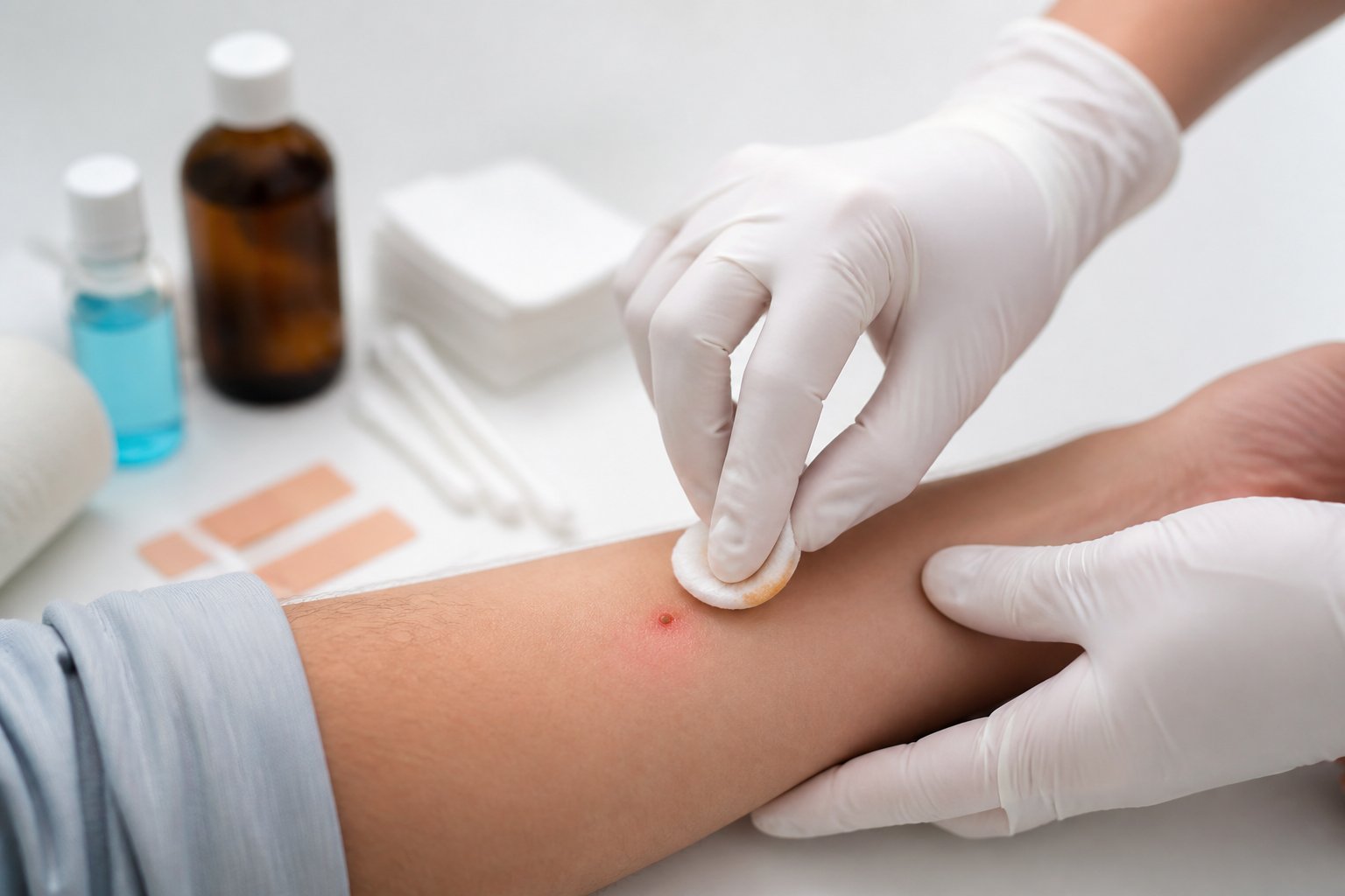 Close-up of hands wearing gloves cleaning a red bite mark on a forearm using a sterile gauze pad with first aid supplies nearby.