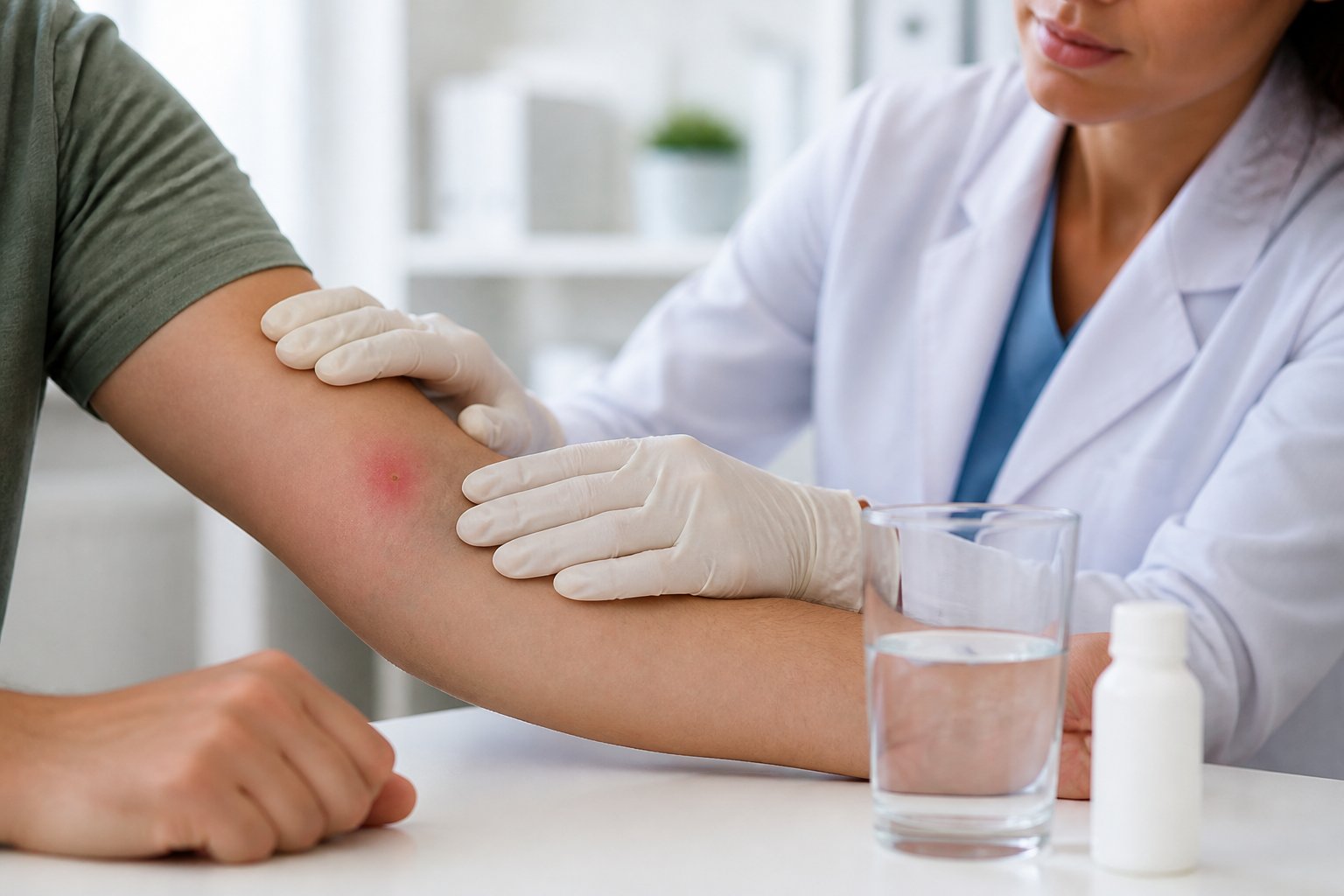 A close-up of an arm with a spider bite being examined by a healthcare professional in a medical office.