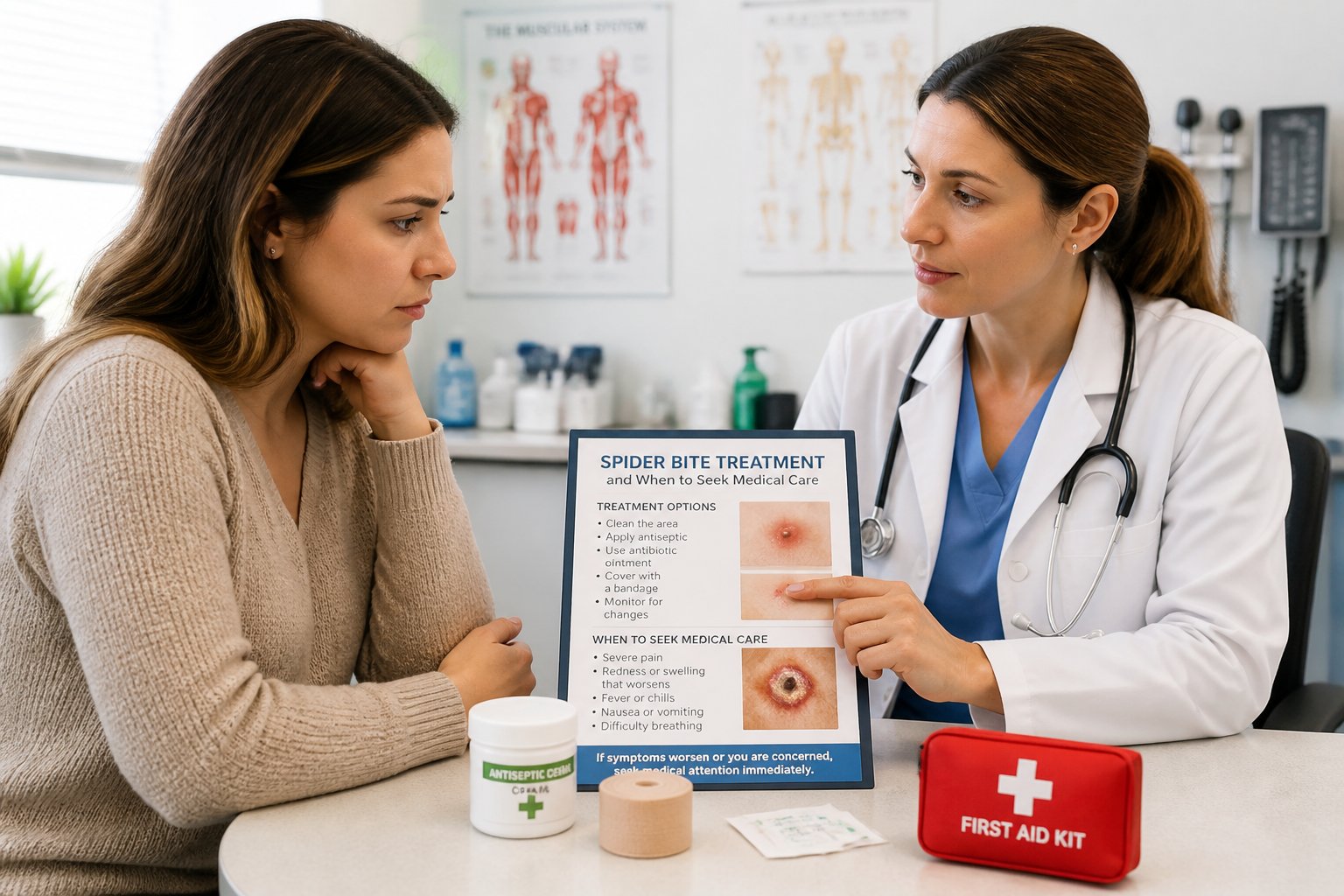 A woman consulting a doctor in a medical clinic with medical supplies on the table.
