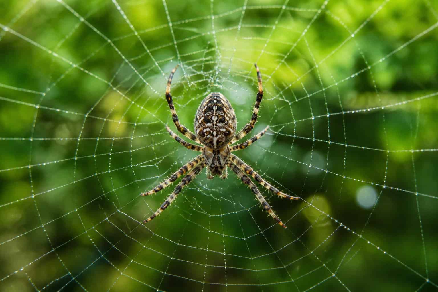 A close-up of a spider on its web with dew drops in a green natural environment.