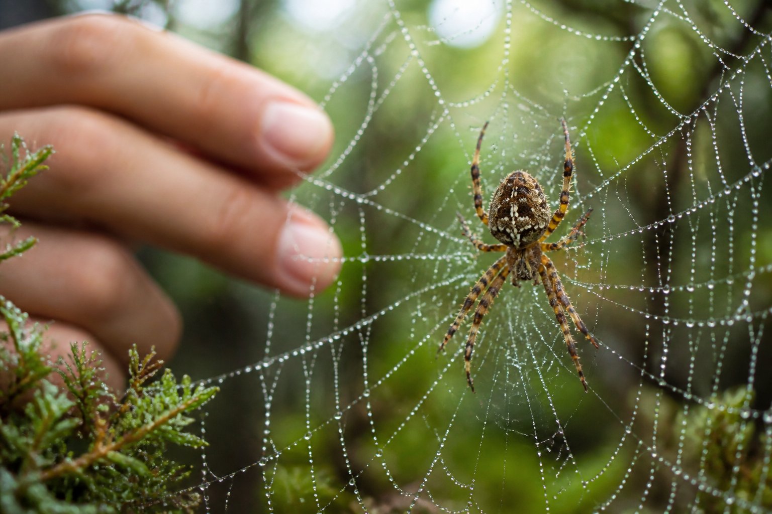 Close-up of a spider on its web with a human hand observing it gently in the background.