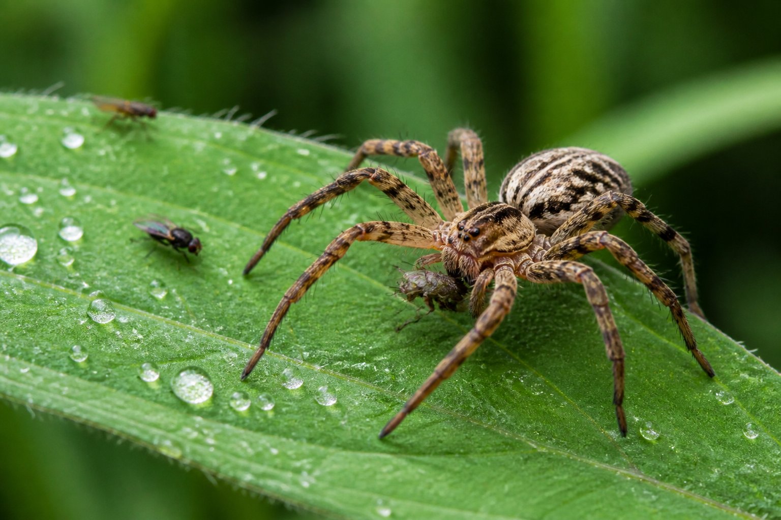 Close-up of a spider on a green leaf with small insects nearby in a natural outdoor setting.