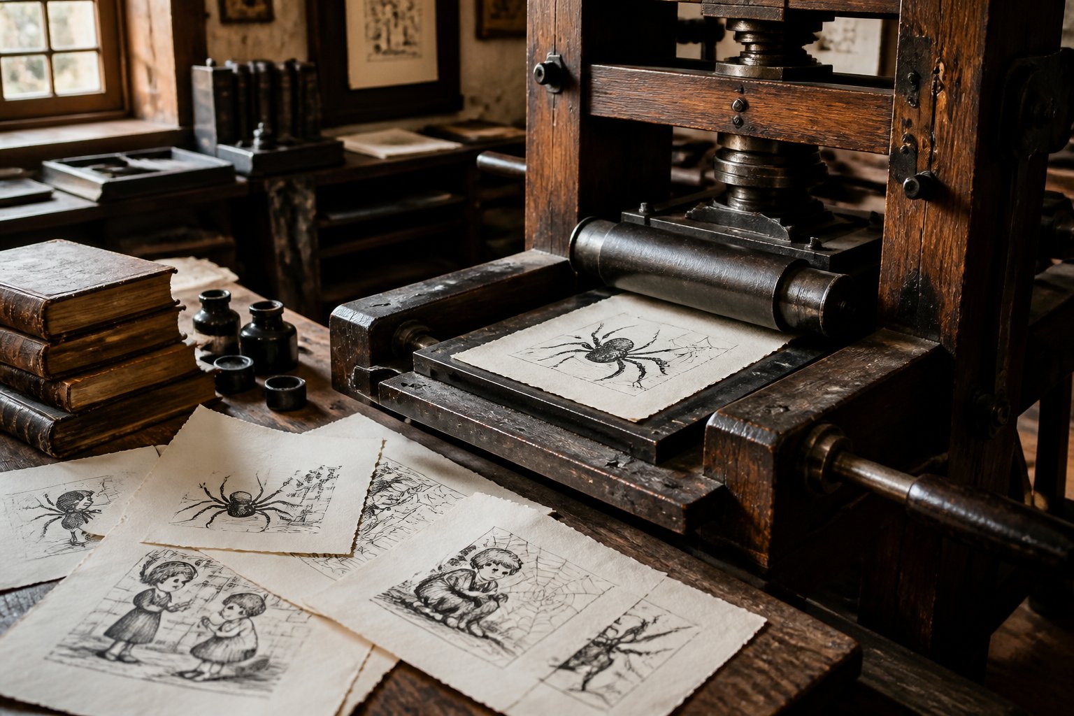 A vintage printing press with old paper sheets showing early spider illustrations in a historical workshop setting.