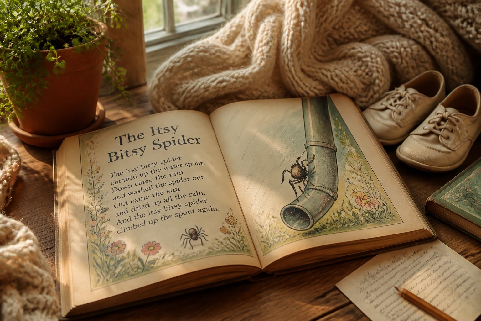 An open vintage children's book with illustrations of a small spider climbing a water spout on a wooden table, surrounded by a knitted blanket, children's shoes, and a small plant.