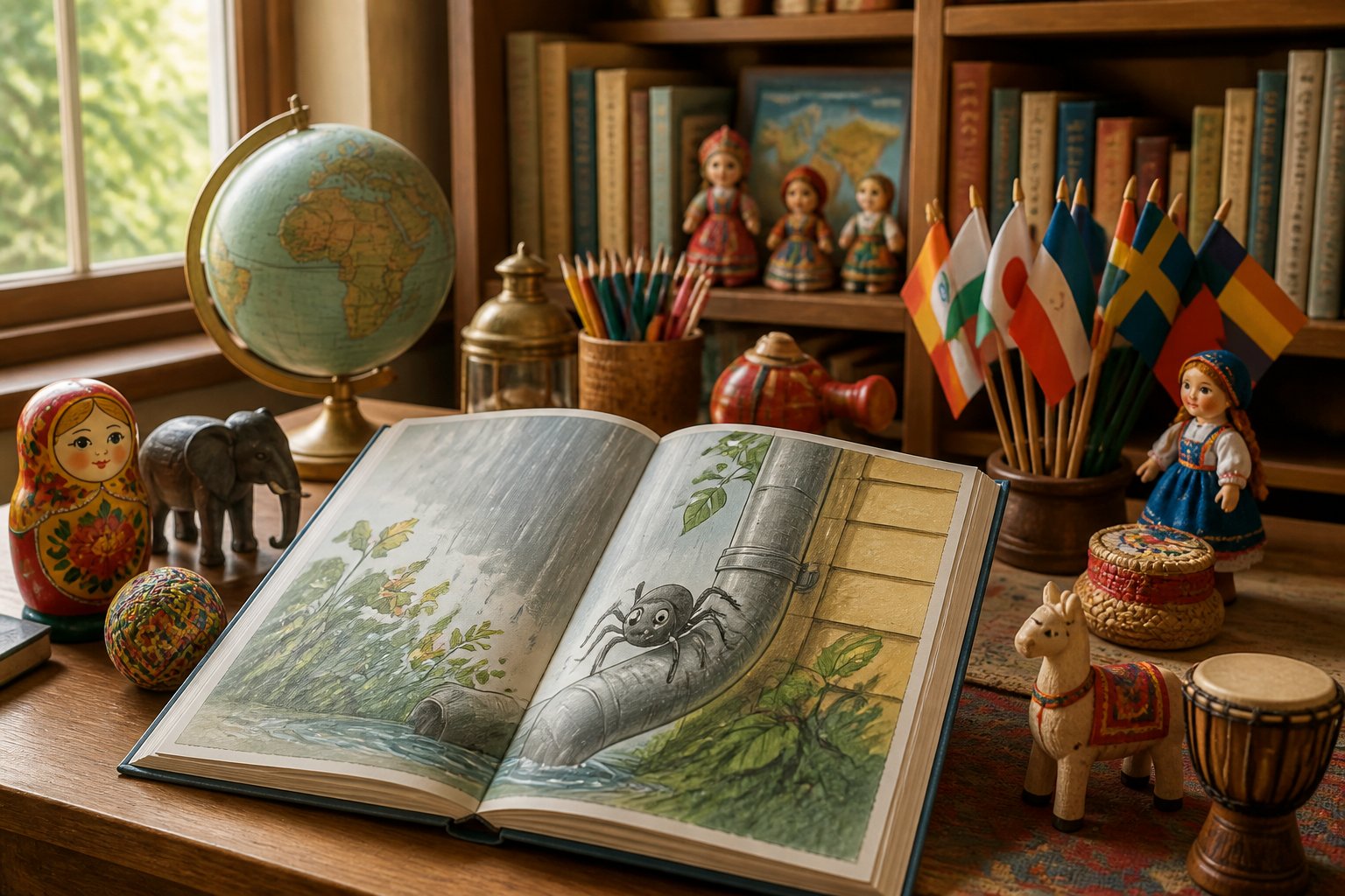 A cozy children's storybook corner with an open book showing a small spider climbing a water spout, surrounded by cultural objects and a globe.