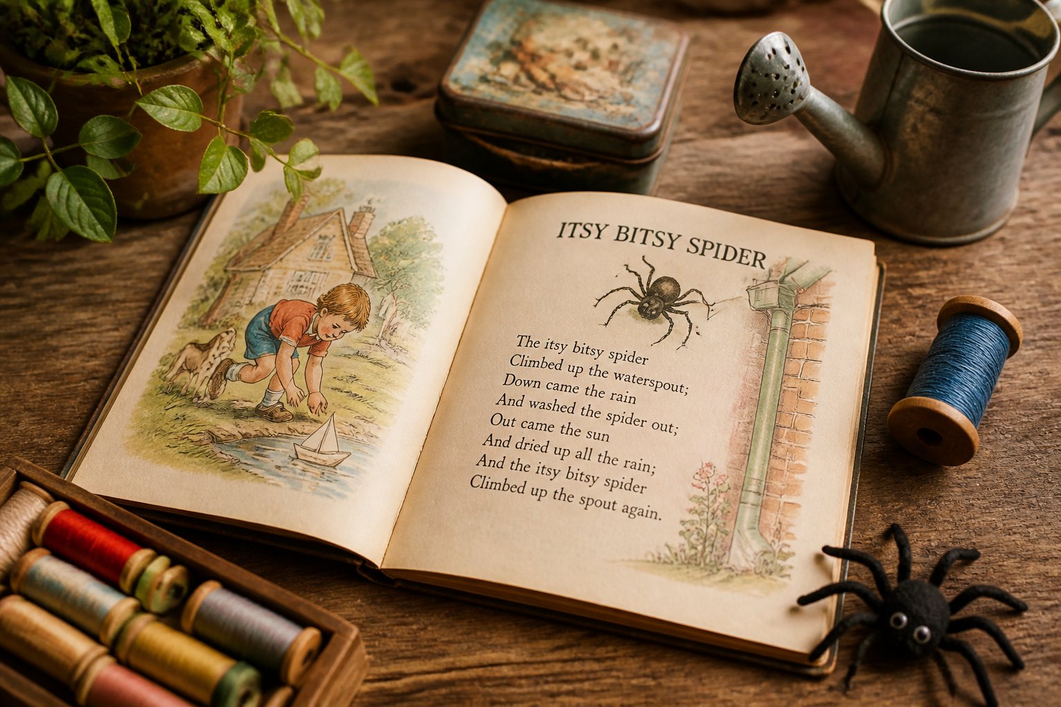 An open vintage children's book with an illustration of a spider, a small toy spider, a spool of thread, and a watering can on a wooden table.