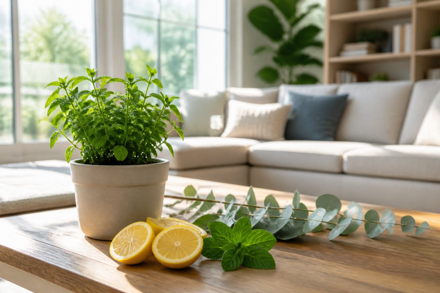 A bright indoor living room with a wooden table holding a potted plant and natural items like lemon slices and eucalyptus leaves.