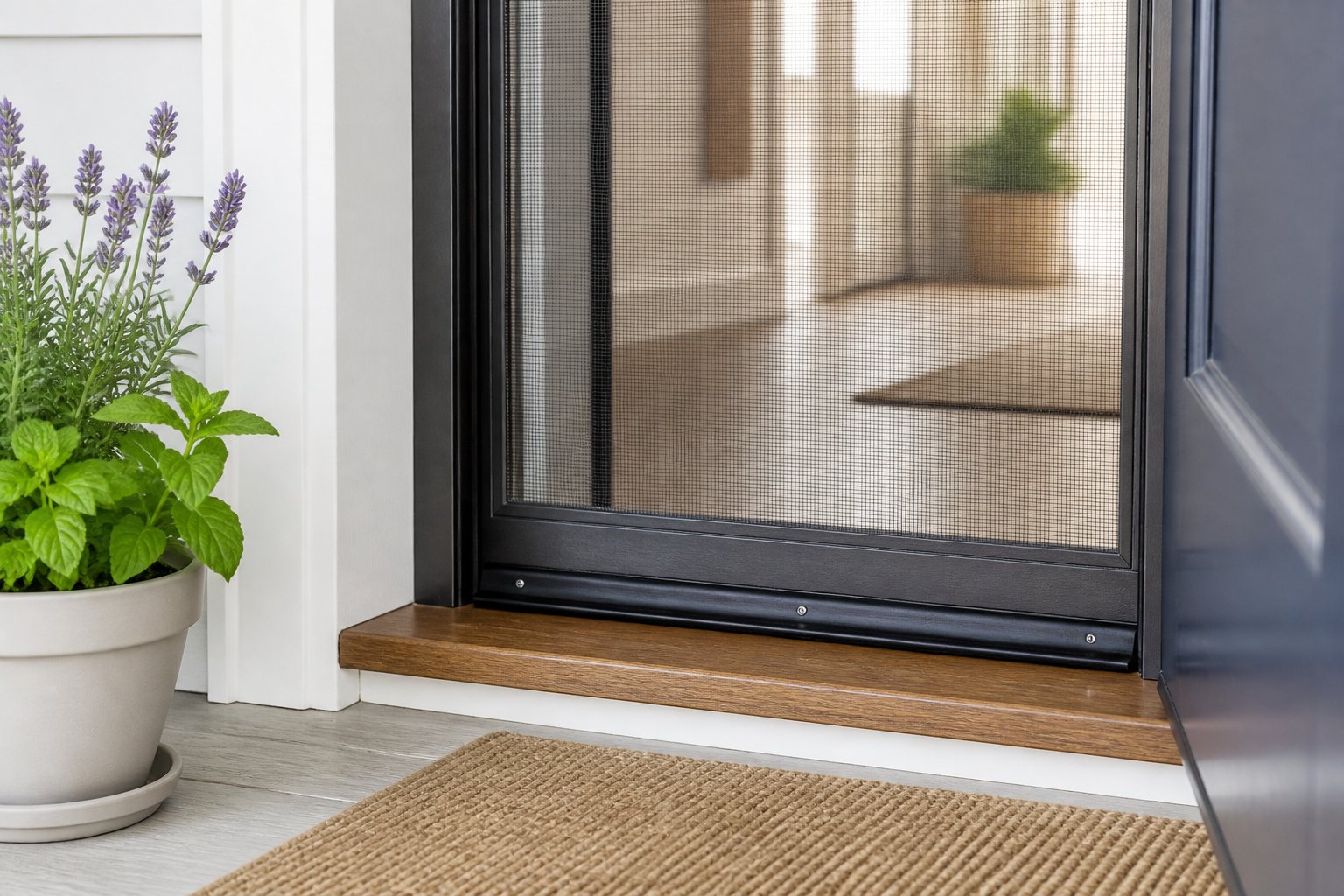 A clean home entrance with a sealed door, mesh screen, and potted lavender plant to prevent spiders from entering.