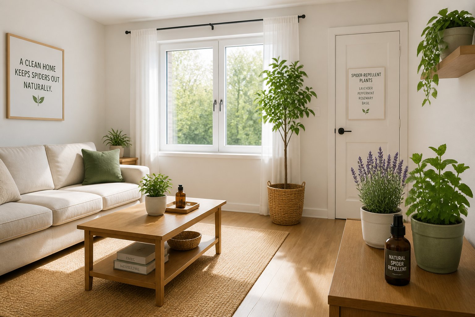 A tidy living room with light walls, wooden floor, potted lavender and peppermint plants, and sunlight coming through sheer curtains.