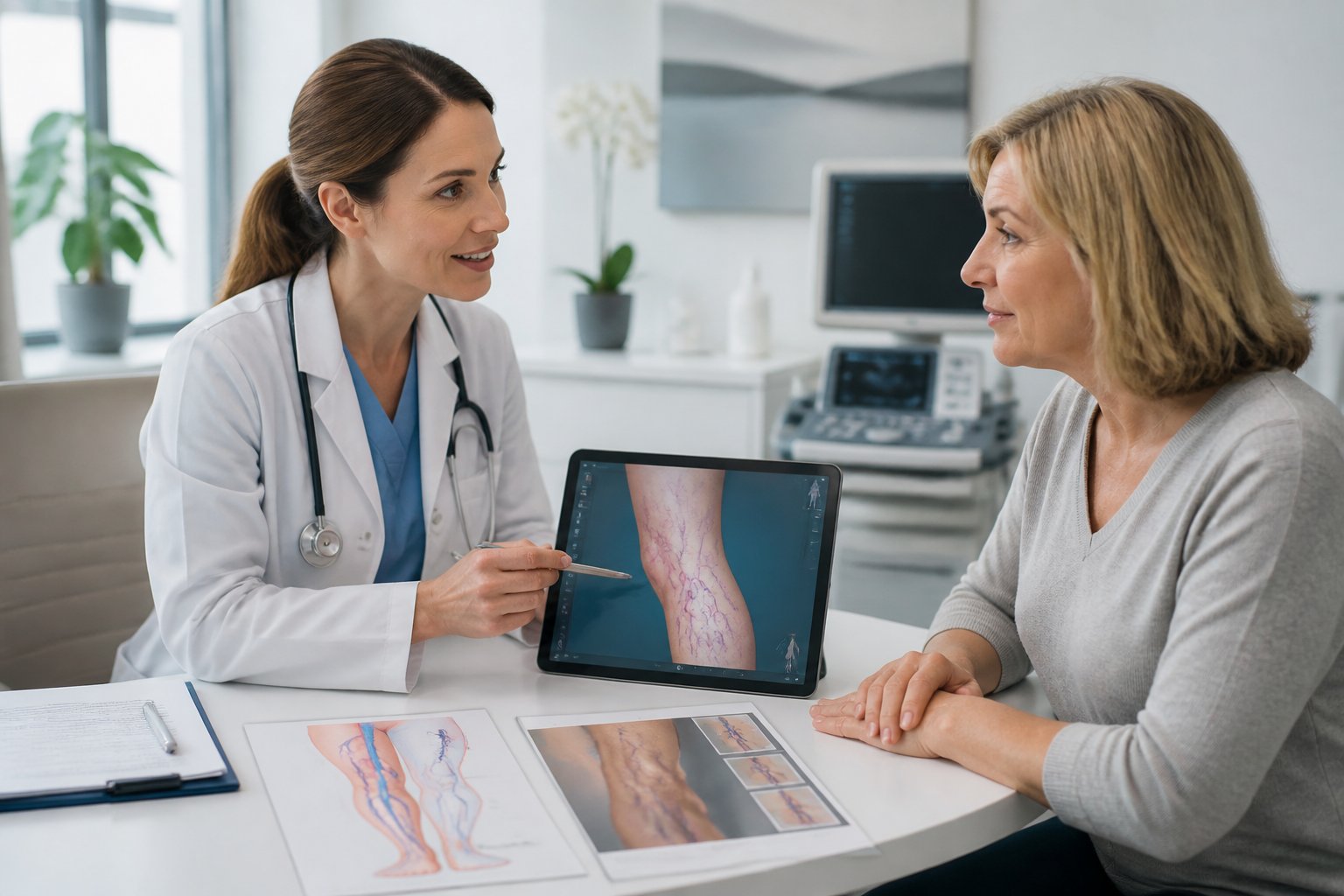 A female doctor consulting with a middle-aged woman in a medical office, discussing treatment options related to spider veins.