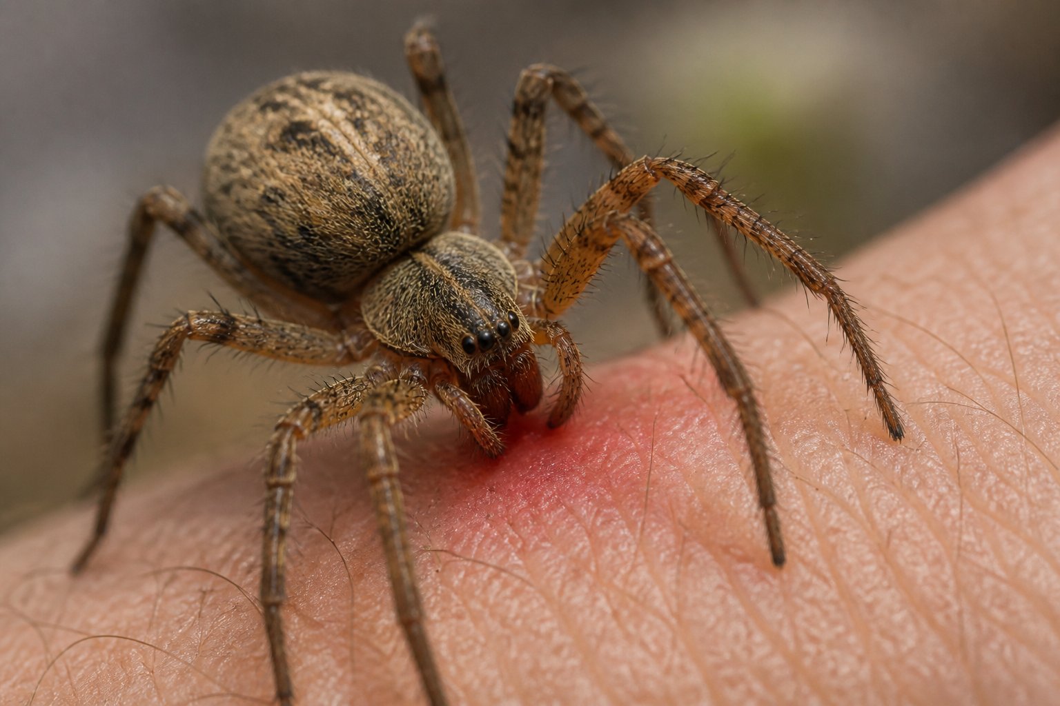 A close-up of a spider biting human skin, showing the spider on the skin with slight redness around the bite area.