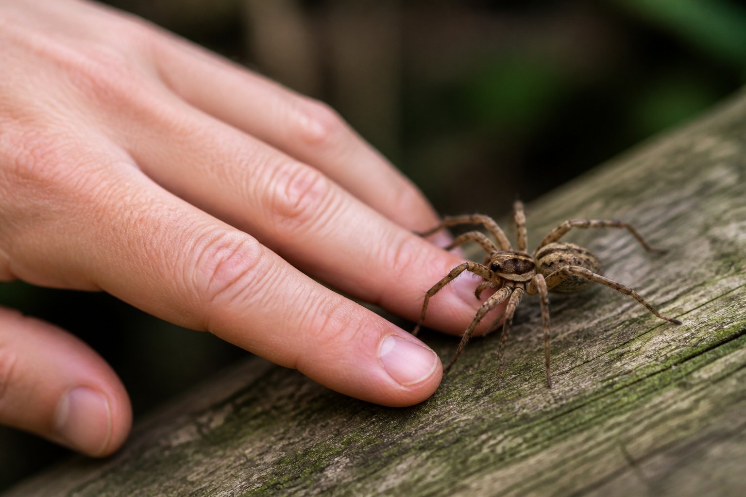 A close-up of a human hand near a spider on a wooden surface outdoors.