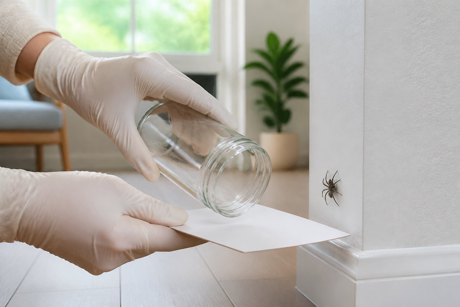 Hands carefully capturing a spider in a glass jar inside a clean, sunlit room.