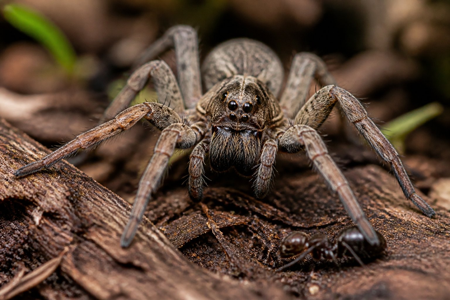 A close-up of a wolf spider on soil with natural surroundings, showing its detailed body and legs.