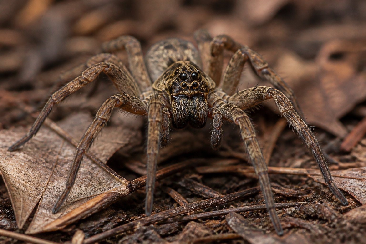 Close-up of a wolf spider on the ground surrounded by dry leaves and soil.