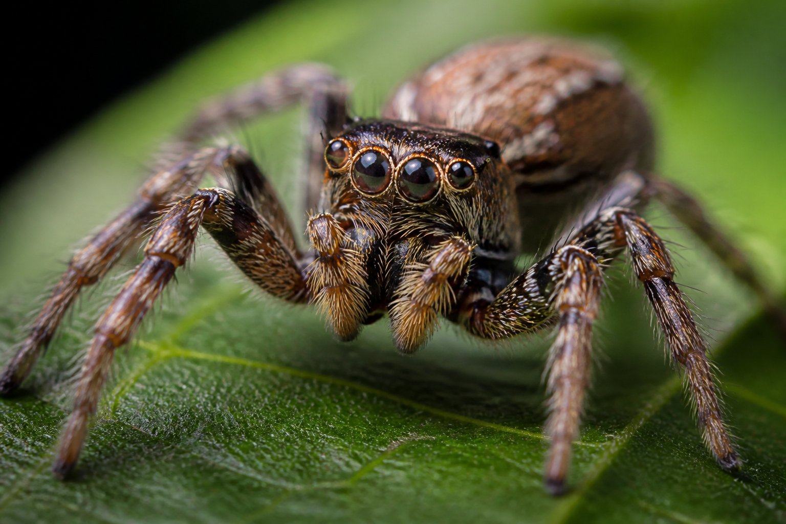 Close-up view of a spider showing its multiple eyes, segmented legs, and body parts on a natural surface.