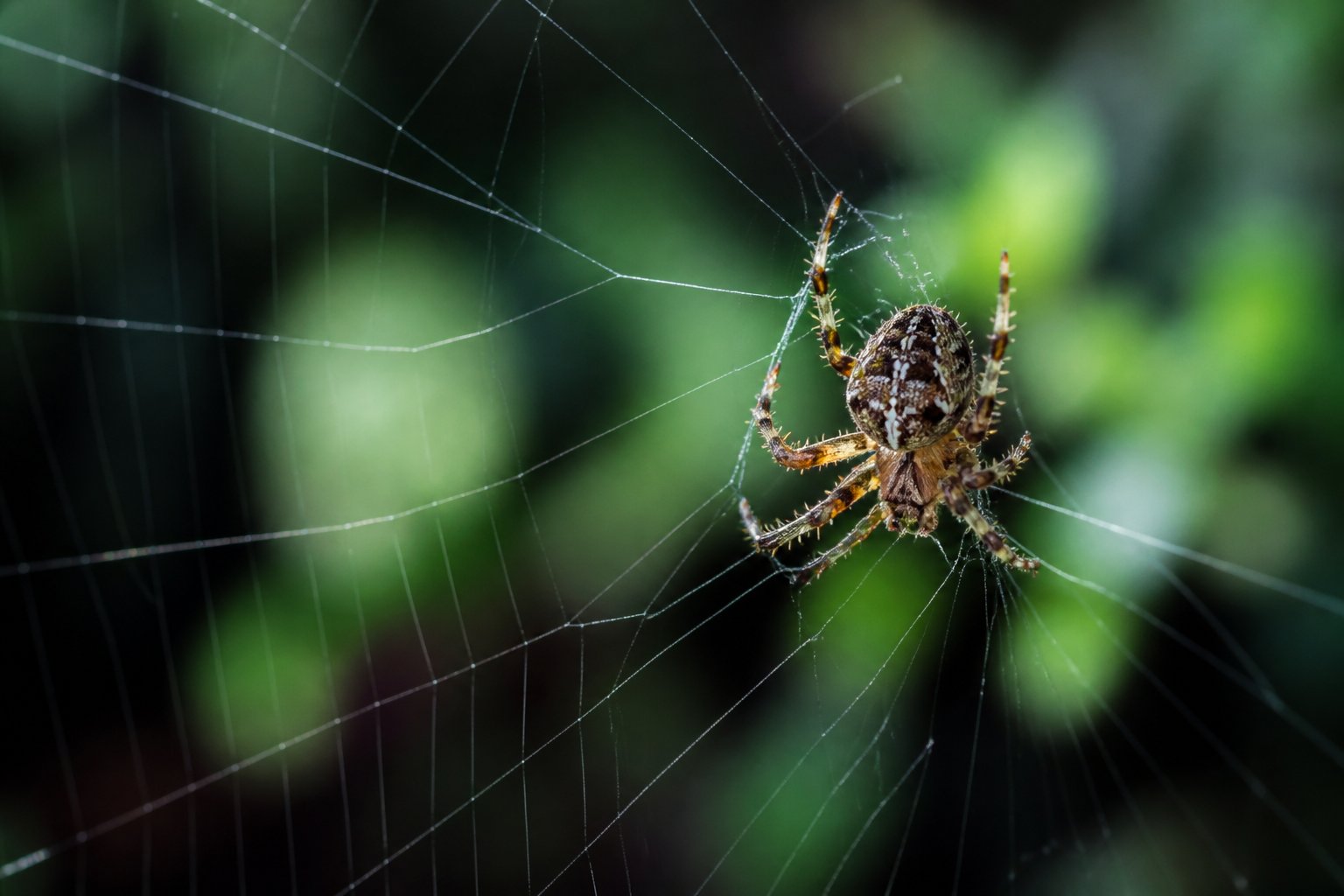 A close-up of a spider weaving a detailed silk web outdoors with green foliage in the background.