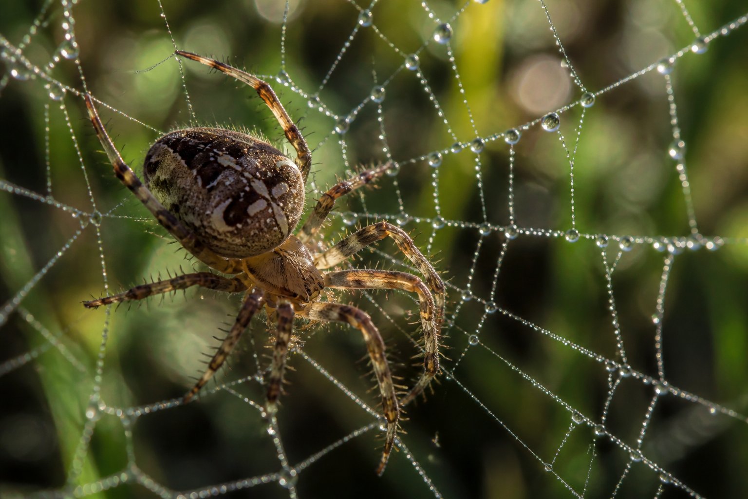 Close-up of a spider on a web with dewdrops in a natural green environment.