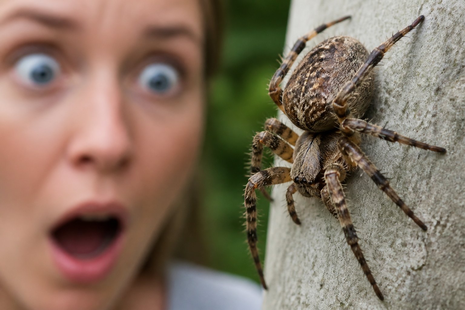 A close-up of a spider on a surface with a person in the background showing a fearful facial expression.