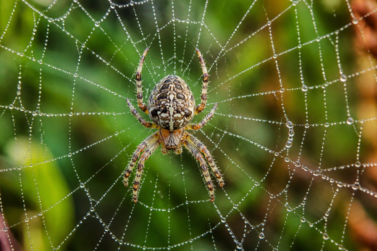 A close-up image of a spider on its detailed web with dew drops in a natural outdoor setting.