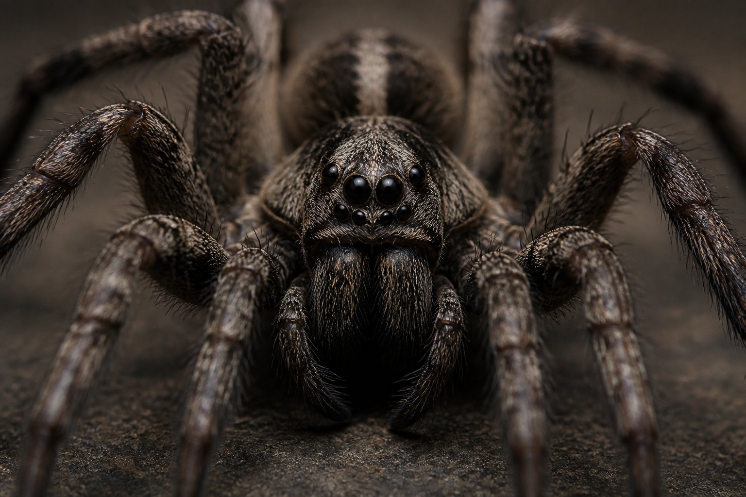 Close-up of a large spider showing its eyes, hairy legs, and fangs against a blurred neutral background.