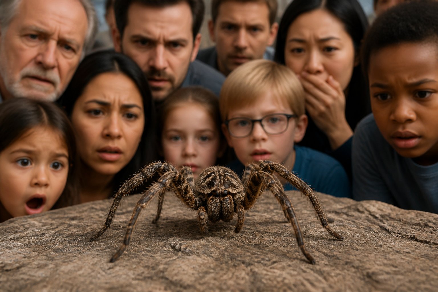 A close-up of a spider on a textured surface with a blurred group of people showing fearful and curious expressions in the background.