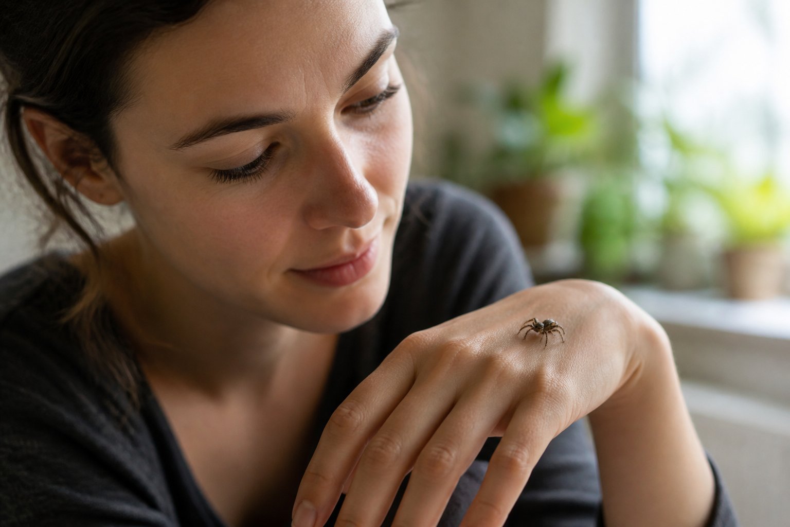 A person calmly observing a small spider on their hand in a bright indoor setting.