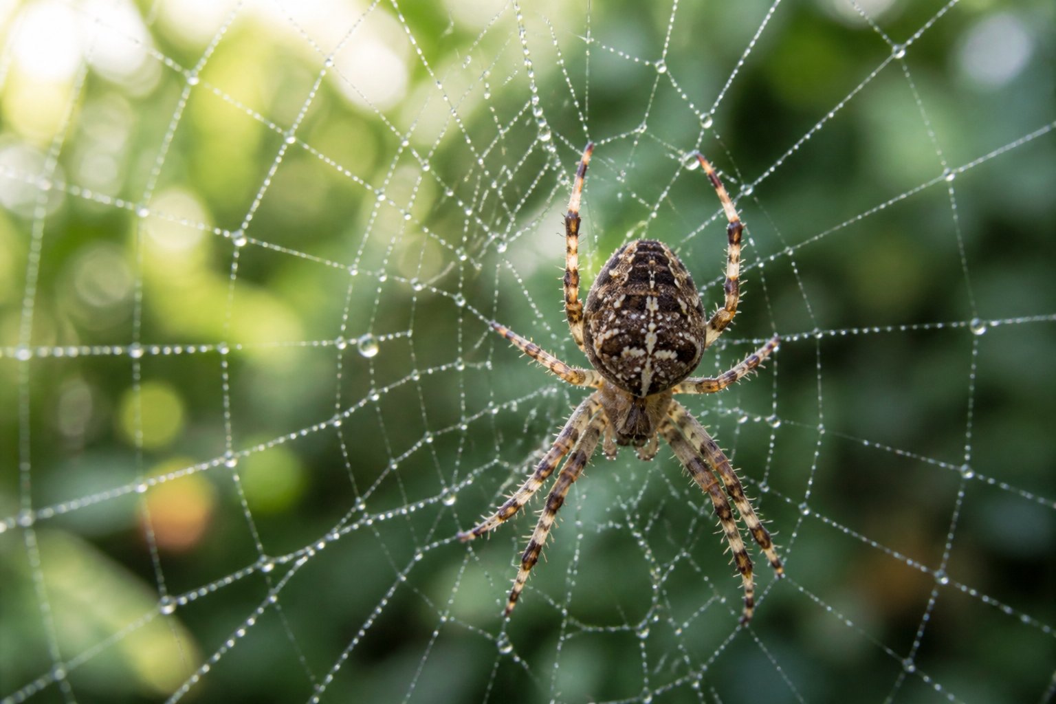 A close-up of a garden spider sitting on its dew-covered web in a green natural setting.