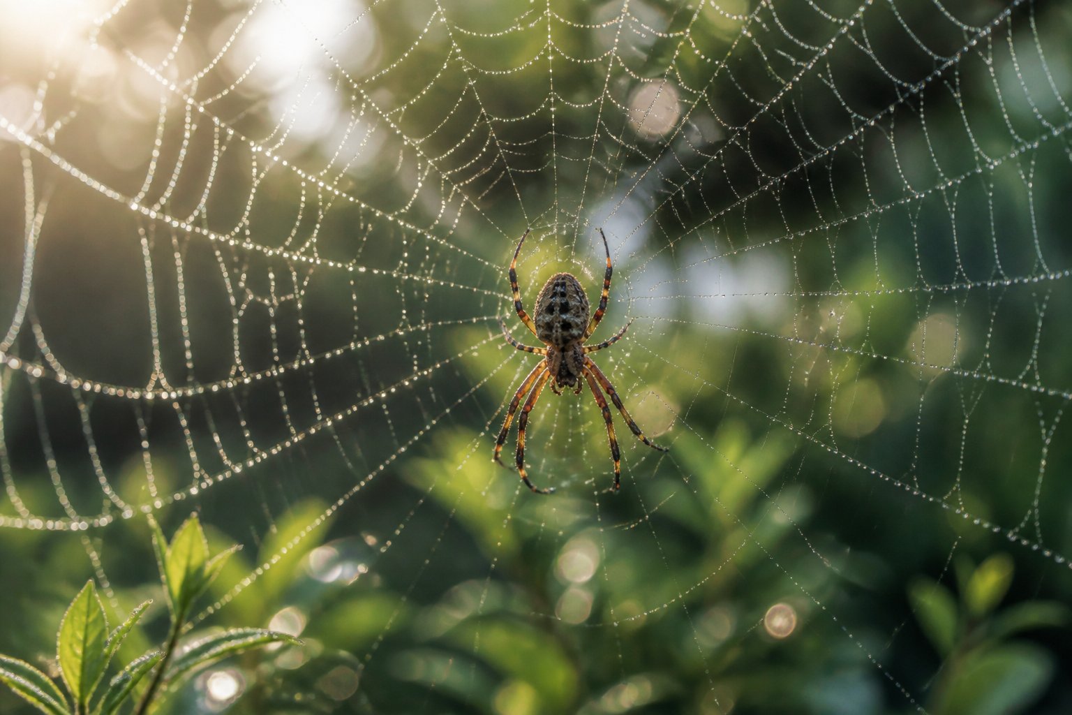 Close-up of a spider on its dew-covered web in a natural green environment.