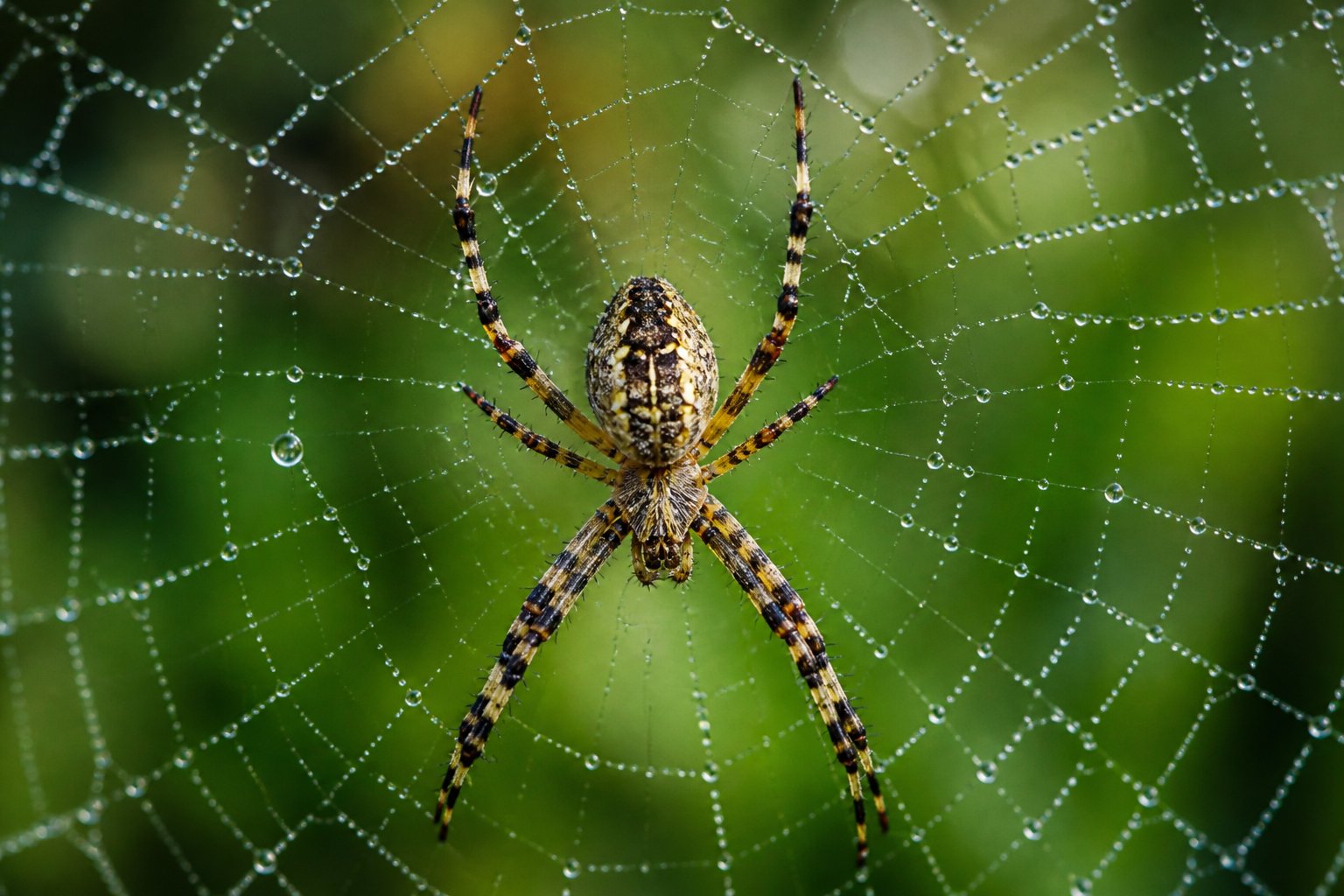 A close-up of a spider on its dew-covered web in a natural green environment.
