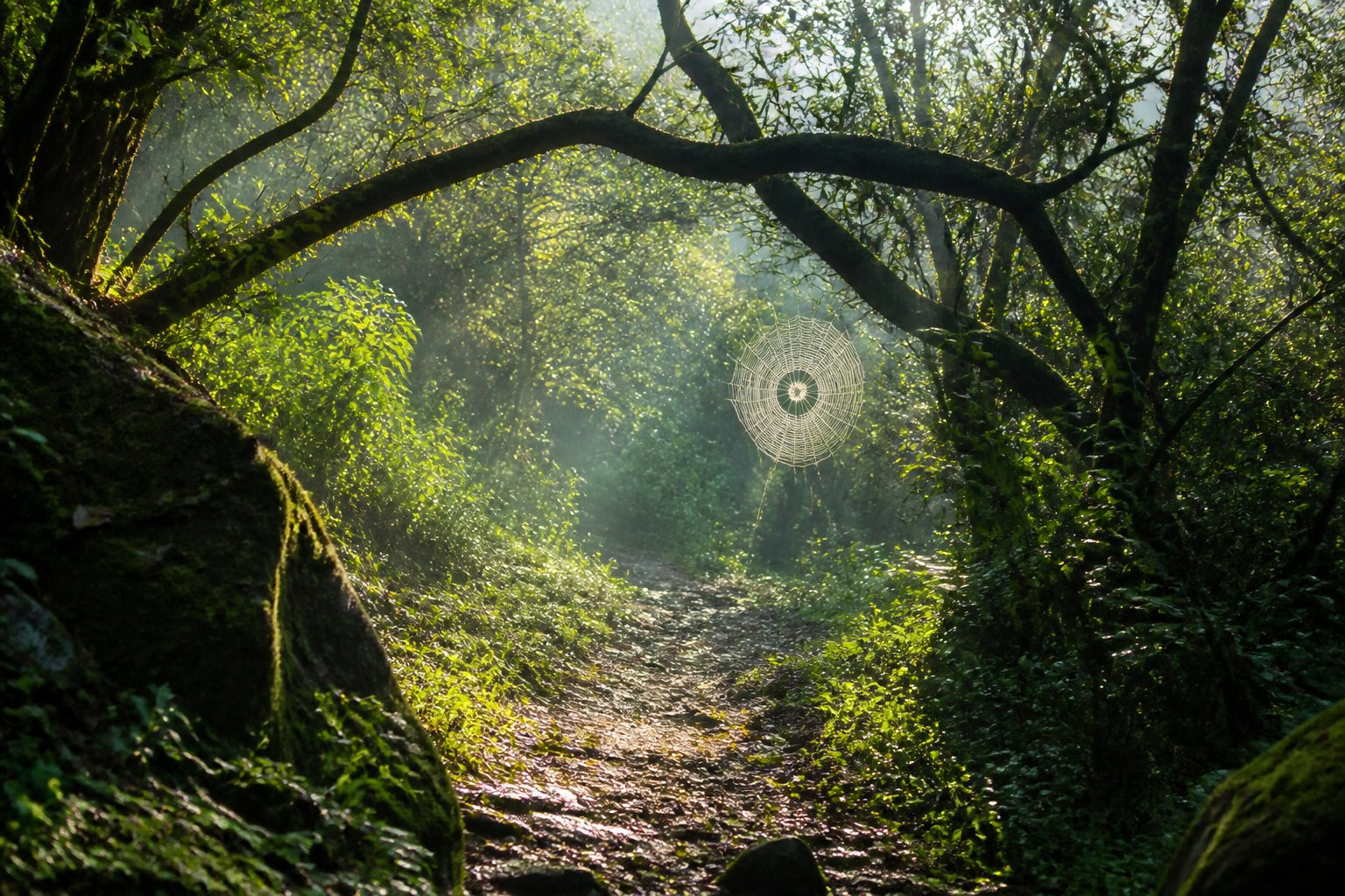 A forest path leading to a glowing spider web among trees with soft morning light and mist.