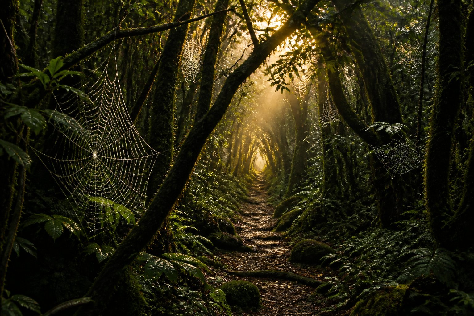 A winding forest path surrounded by mossy trees and dew-covered spider webs, with soft sunlight filtering through the leaves.
