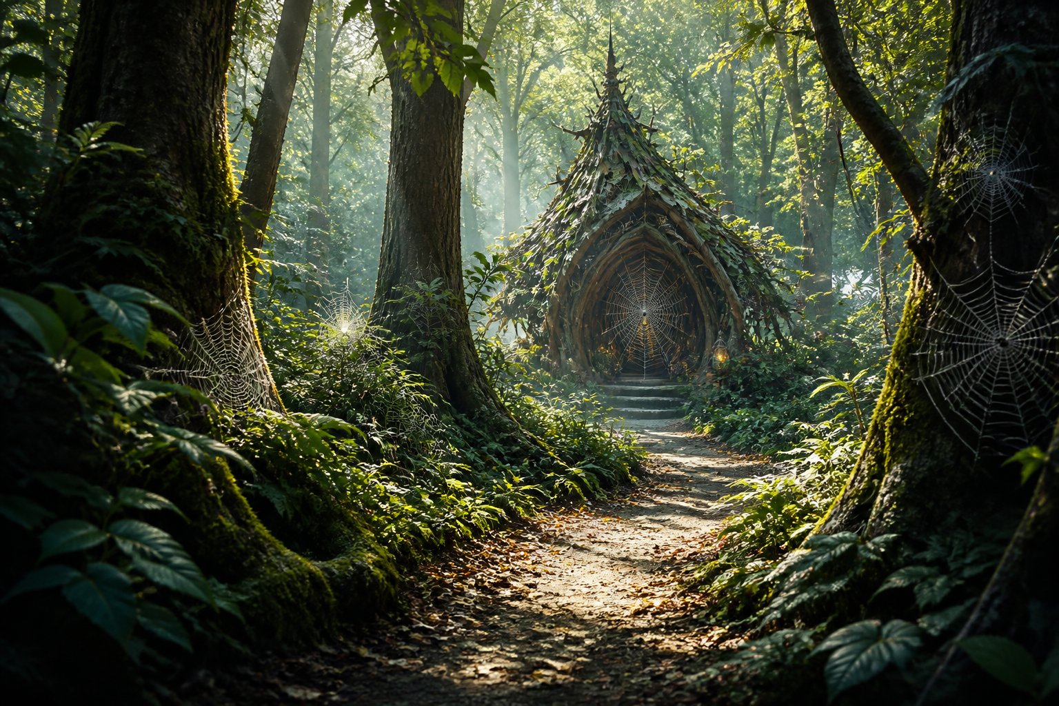 A forest path winding through tall trees and green plants leading to a cozy spider's parlor made of natural materials and spider webs.