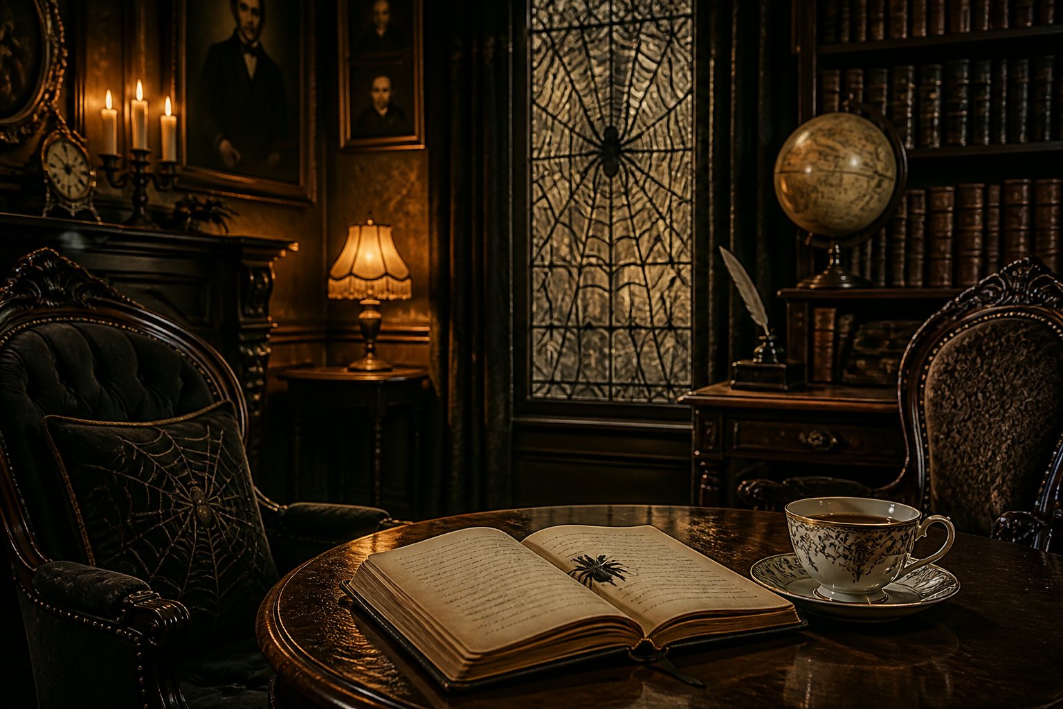 A dimly lit Victorian parlor with antique furniture, a spider web design on a window, an open book on a wooden table, and a bookshelf filled with old books.