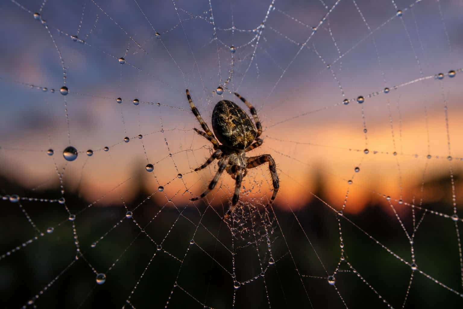 A spider on its web at twilight with a natural blurred background.