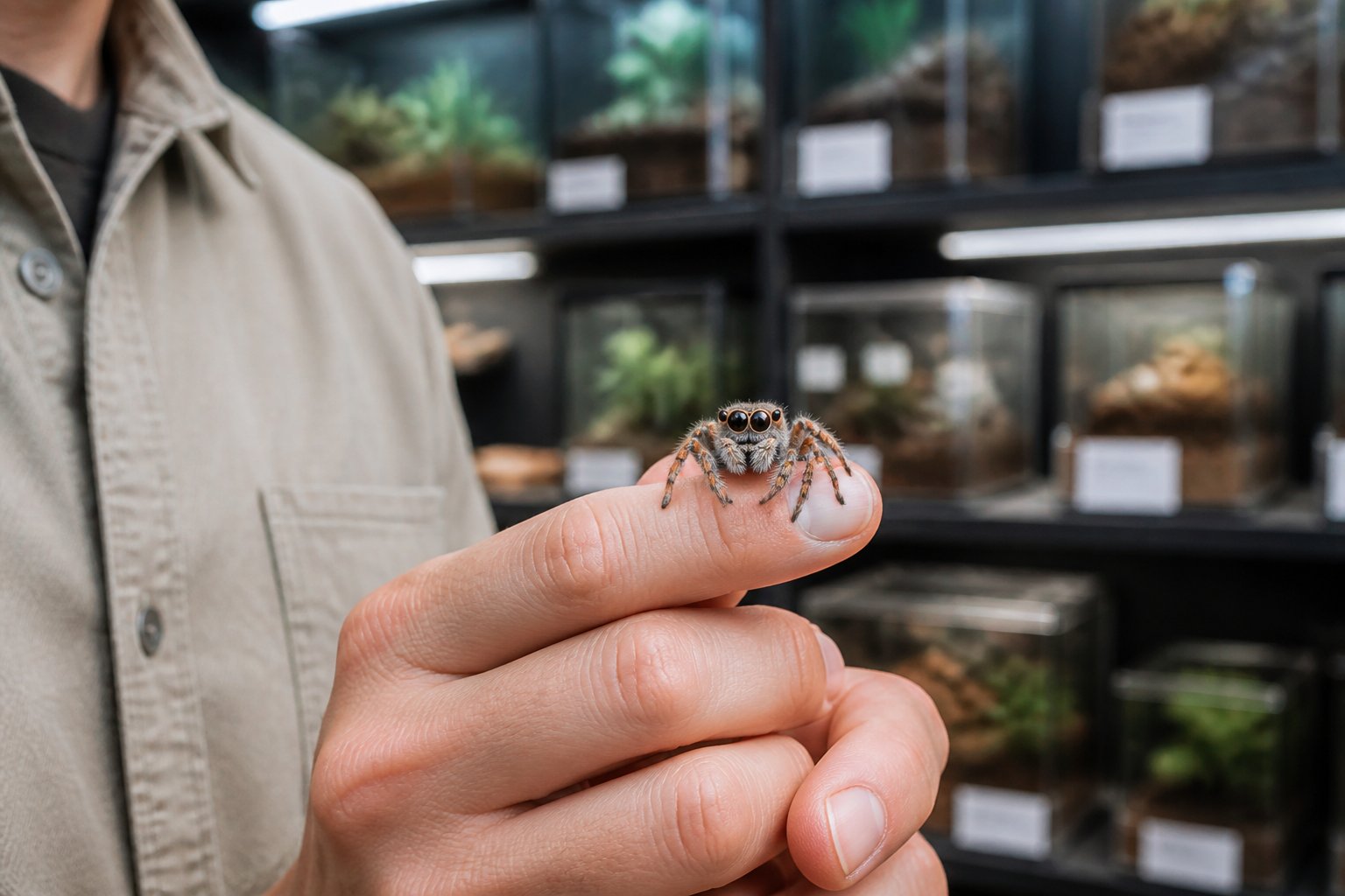 A person gently holding a colorful jumping spider on their finger inside a pet or insect shop.